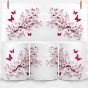 3D Floral Mug Wrap Design, Mug Design with 3D Flower and Butterfly, Unique Flower Mug Wrap, 11oz and 15oz Mugs