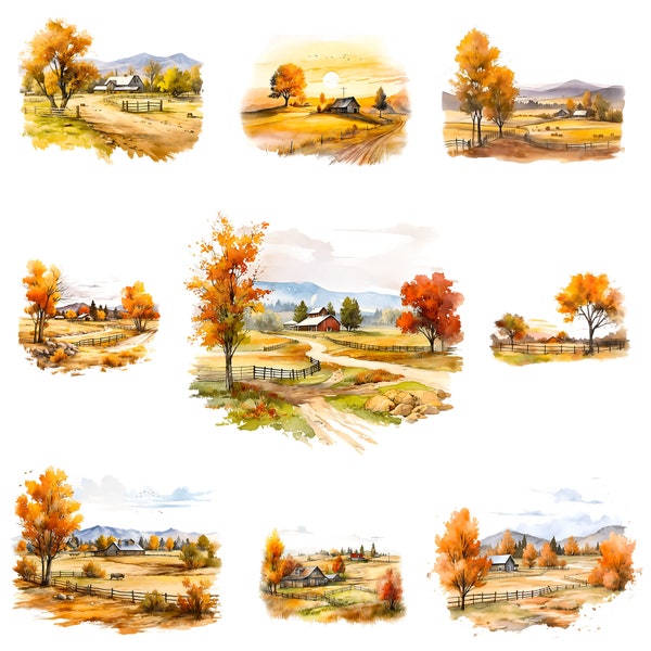 Watercolor autumn rancho landscape png - autumn landscape, autumn clipart, autumn designs, landscape png, farmhouse - digital download