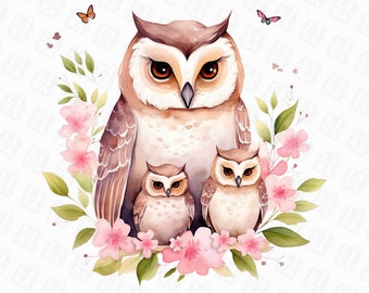 Cortar búho mamá y bebé animales PNG - Sublimación de búho PNG - Búho floral imprimible, perfecto para el día de la madre y el baby shower