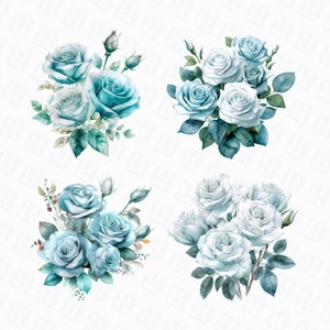 Watercolor Aqua Roses Png - Turquoise Flower - Bouquet Clipart - Flower ...