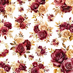 Watercolor Burgundy and Gold Roses Clipart - Floral Burgundy Wedding Clipart Collection - Rose Bouquet Clipart - Red Roses PNG