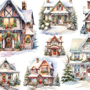 43 Casa di Natale ad acquerello - case invernali con grafica clipart in bundle di decorazioni natalizie in formato jpg per uso commerciale