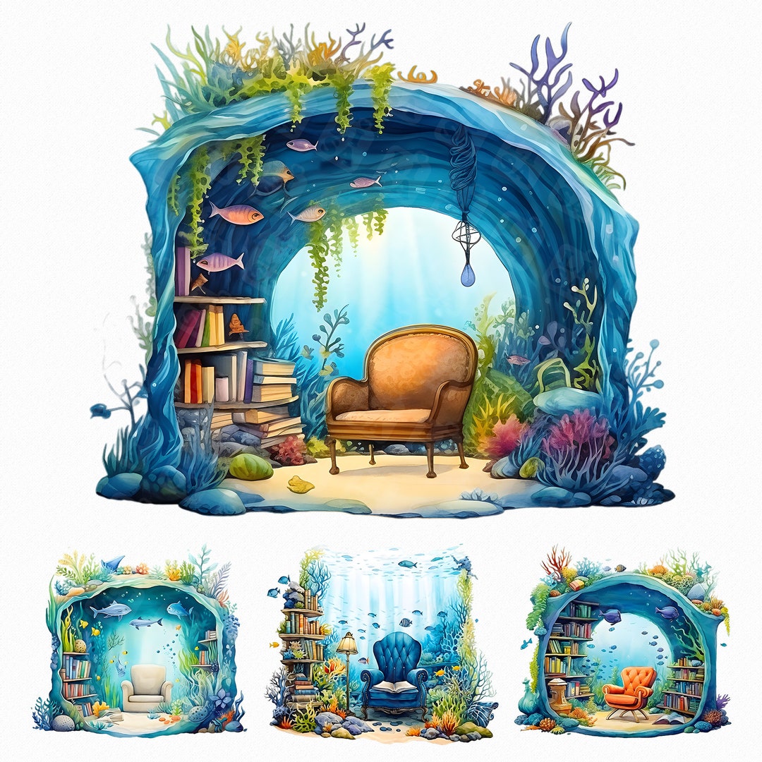 Underwater Book Nook Png Watercolor Reading Clipart Card Making