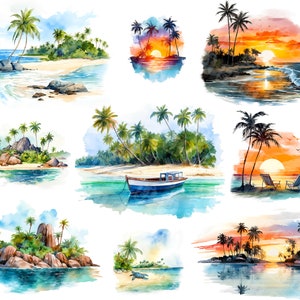 Aquarel tropische eilanden png - tropische clipart, strand png, eiland clipart, zomer clipart, vakantie png, strand zonsondergang
