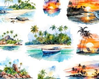 Watercolor tropical islands png - tropical clipart, beach png, island clipart, summer clipart, vacation png, beach sunset