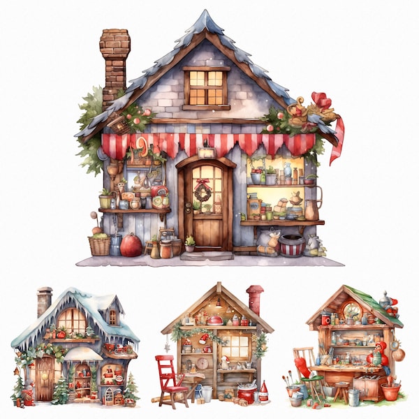 23 Watercolor Santa's House png craft making clipart - Christmas Santa's Workshop images with transparent background for commercial use