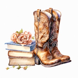 Bottes de cowboy aquarelle et livre png - clipart cowgirl, png occidental, png pays, livre de cowboy, livre de pays png