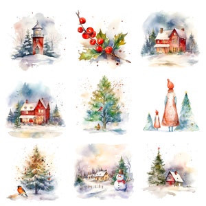 Aquarel kerstscène clipart - Kerst afdrukbare afbeeldingen in JPG-formaat voor commercieel gebruik