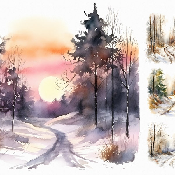 30 Watercolor winter forest trail - watercolor forest graphics in jpg format for commercial use