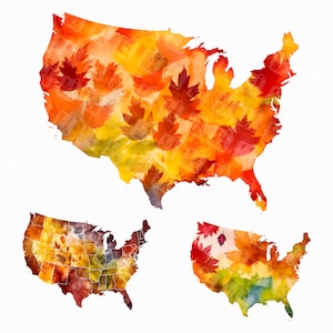 Aquarelle automne USA carte png - Carte des États-Unis, aquarelle USA carte silhouette, automne USA, carte de voyage clipart - téléchargement numérique