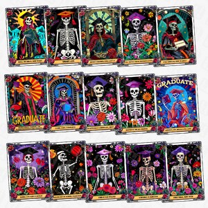18 Cartas de tarot de graduación divertidas PNG, Diseño de sublimación de esqueleto de posgrado, Taza de camiseta de tarot de calavera de graduación divertida, Descarga digital