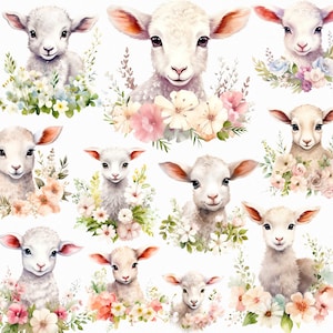 Watercolor Lamb with Flowers - Cute Lamb Clipart PNG for Farm Animal Themed Baby Shower Birthday or Easter
