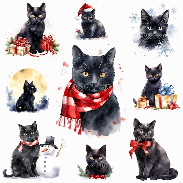 Watercolor Christmas black cat png - happy New year png, Santa hat, Christmas animal png, meowy Christmas png