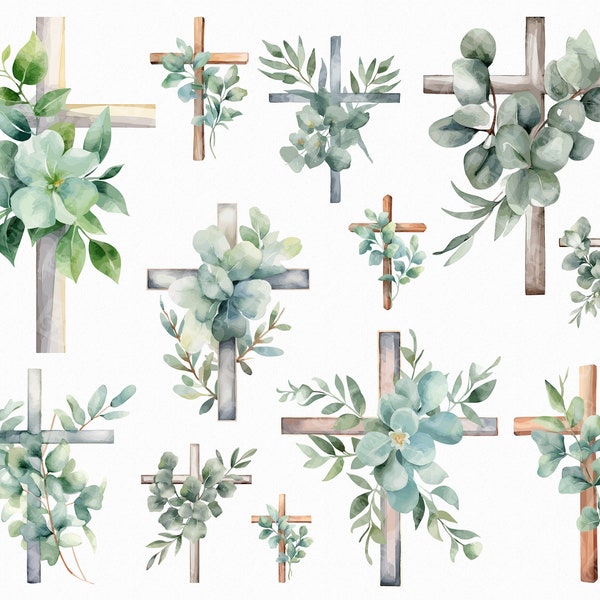 13 Watercolor Cross Eucalyptus Png. Wooden Cross Clipart. Digital Watercolor Png. Instant Download Scrapbooking. Digital Download.