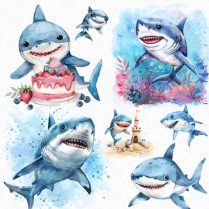 23 Watercolor baby shark png - digital baby shark png, baby shark illustrations, shark designs with transparent background