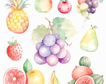 Watercolor pastel fruit png - nursery clipart - nursery fruits, soft colored, food illustrations, summer clipart, fruit graphics
