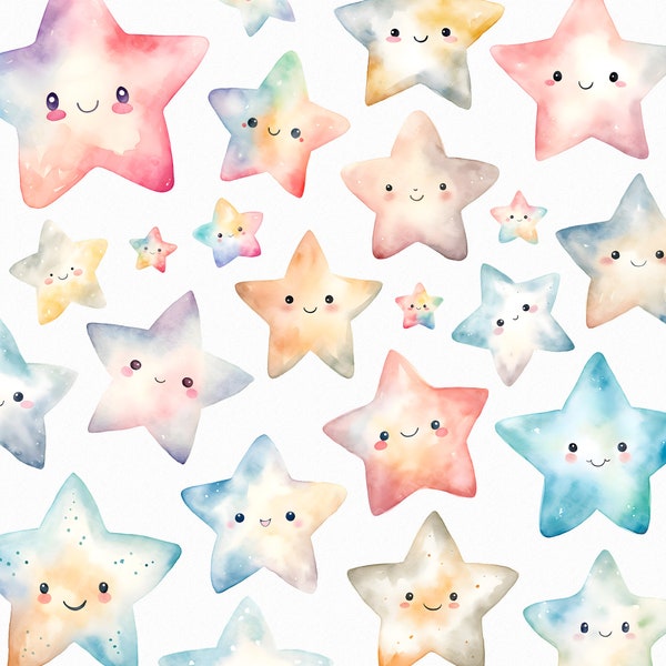 Watercolor cute star png, nursery star, pastel stars, cartoon stars graphics, rainbow kawaii stars, child stars