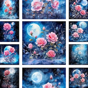 Aquarell gefrorene Rosen und Vollmond digitales Papier auf Grunge dunkle Textur - digitaler Hintergrund, Hintergrund, Rosen digital, 10"x10"