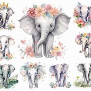 21 imágenes prediseñadas de elefante floral acuarela - lindo elefante imprimible scrapbooking, gráficos de descarga de sublimación en formato jpg para uso comercial