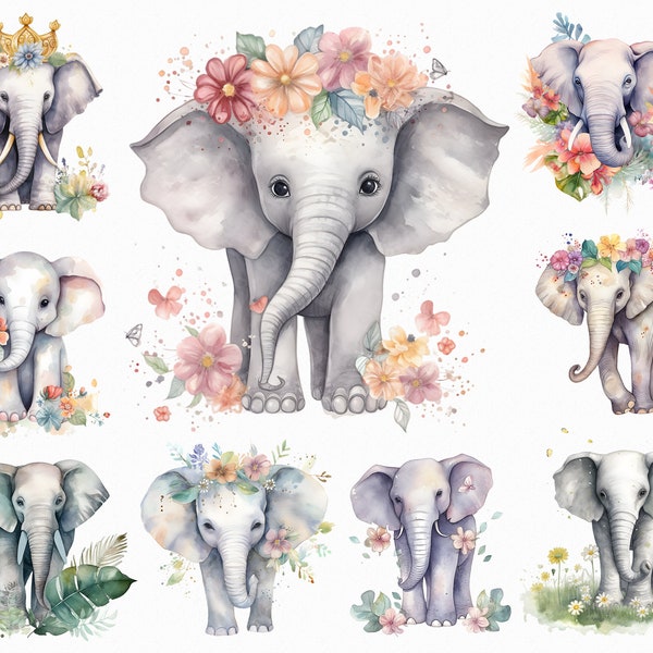 21 Watercolor floral elephant clipart - cute elephant printable scrapbooking, sublimation download graphics in jpg format for commercial use