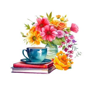 Aquarell Buch Kaffee Clipart - Buch Liebhaber Clipart, Kaffee Tasse Clipart - jpg digitaler Download, Sublimation Design, scrapbooking