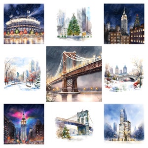 Immagini natalizie di New York ad acquerello - Stampabile inverno di New York, clipart di New York