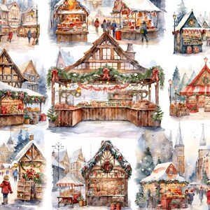 22 Marché de Noël aquarelle - Graphiques clipart bundle scène de Noël au format jpg à usage commercial