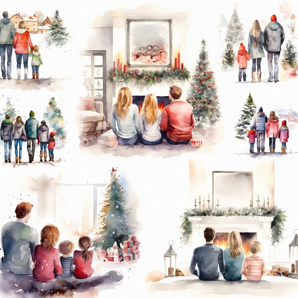 18 Watercolor Christmas family clipart - back view family Christmas download graphics in jpg format for commercial use