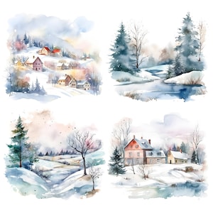 26 clipart de paisagem de inverno em aquarela - gráficos imprimíveis do país das maravilhas do inverno em formato JPG para uso comercial
