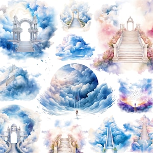 Acuarela Cielo PNG - Christian Clipart, Escaleras al Cielo Entrada, Nubes Celestiales - Descarga Digital