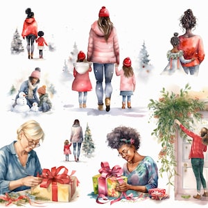 25 Clipart de madre de Navidad de acuarela - gráficos de descarga imprimibles de vista posterior madre hija en formato jpg para uso comercial