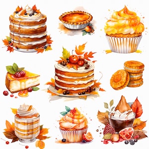 Watercolor autumn dessert png - autumn leaves, autumn clipart, desserts clipart, sweets clipart, cake png, autumn pie, thanksgiving clipart