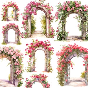 水彩バラとアーチ PNG、美しいバラのクリップアート、庭のアーチのクリップアート、素敵な花のアーチ