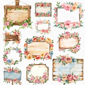 61 Aquarel houten borden clipart - rustiek houten bord png met bloemen, houten plank, bloemmotieven bordontwerpen met transparante achtergrond