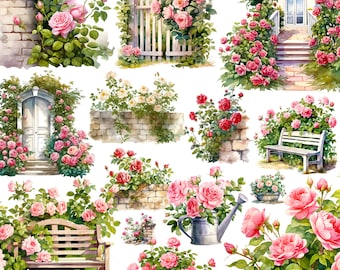 Watercolor Garden Roses PNG Clipart Set - Floral Graphics - Rose Clipart Bundle - Flower Garden Illustrations