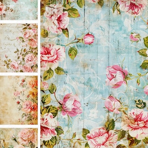 73 Papel digital rosa Shabby chic - papel de álbum de recortes de rosas vintage, rosas imprimibles 8.5x11 pulgadas en papel viejo, descarga digital de rosas grunge