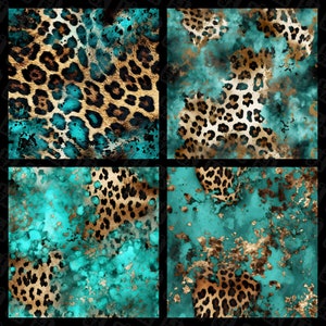 21 Cowhide leopard turquoise digital paper - cowgirl western background for commercial use