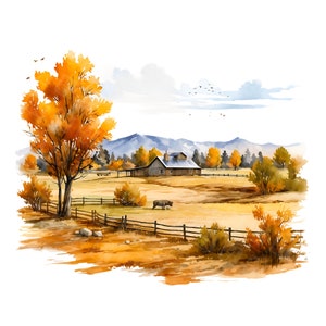 Imágenes prediseñadas de paisaje de granja de otoño de acuarela - descarga digital de paisaje de rancho - fabricación de tarjetas, invitación, imágenes prediseñadas de álbum de recortes