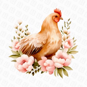 Cute Chicken Flower Sublimation Design - Floral Chicken PNG - Farm Animal and Flower Clipart