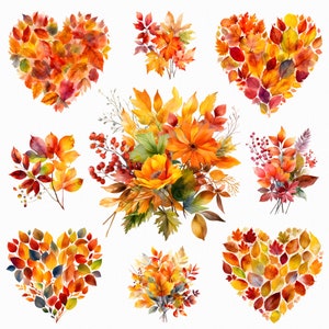 Aquarelle automne bouquet png - Coeur feuilles d'automne png clipart - Téléchargement numérique aquarelle automne