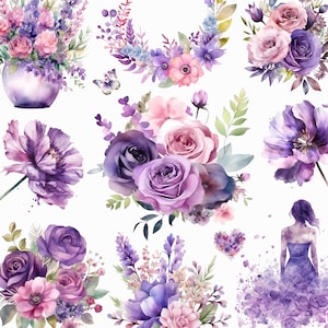 Lila Pflaume und Lavendel Farben Blumen png - Aquarell lila Blumen Clipart - Hochzeitseinladung, Kartenherstellung, digitale Papierherstellung