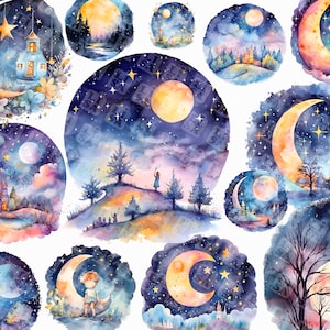26 Acquerello Magico Cielo Notturno Png. Clipart dell'acquerello della scuola materna. Luna Notte Stellata Digitale Acquerello Png.
