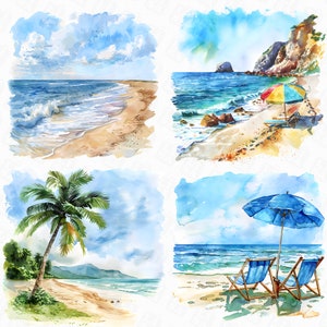 53 Watercolor beach clipart - sunny beach png, tropical beach designs with transparent background, ocean clipart, sea png