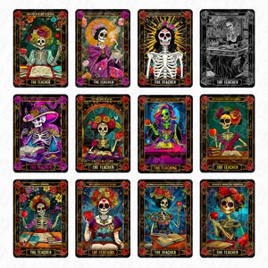 12 Lustige Lehrer-Tarot-Karte Png, Skelett-Sublimationsdesign, lustiges Hexen-Unterrichtsschädel-Tarot-T-Shirt Png-Datei, Lehrer Digitaler Download