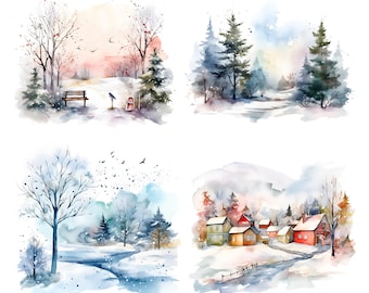 23 Watercolor winter wonderland background - winter landscape printable graphics in JPG format for commercial use