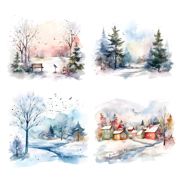 23 Watercolor winter wonderland background - winter landscape printable graphics in JPG format for commercial use