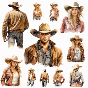 Cowboy occidentale dell'acquerello e cowgirl png - selvaggio west, cowboy, clipart cowgirl, clipart ranch, ovest americano, png occidentale, download digitale