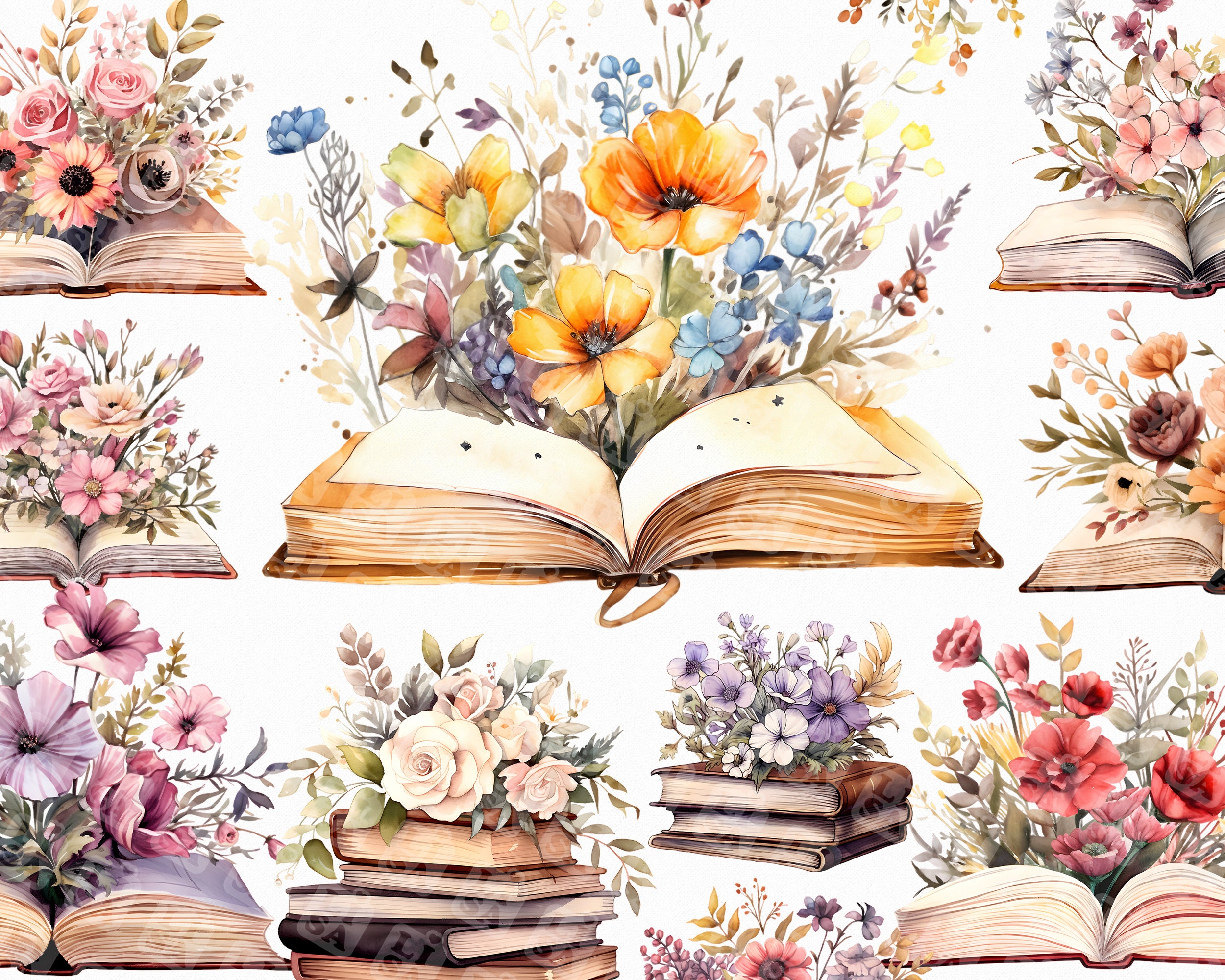 39 Libro floral de acuarela - libro con gráficos de imágenes prediseñadas de paquete de flores en formato jpg para uso comercial