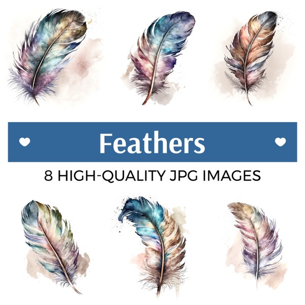 Watercolor Feather Clipart & Image Files, Instant Download Art, 8 High Quality JPGs, Card Making, Digital Paper Craft