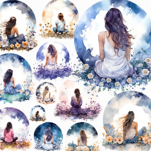 水彩画の花柄の女性と月の PNG クリップアート - 座っている女の子の後ろ姿と花のデジタル ダウンロード